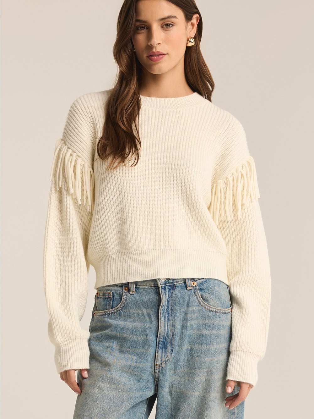 Z Supply Cream Fringe Ribbed Crew Sweater